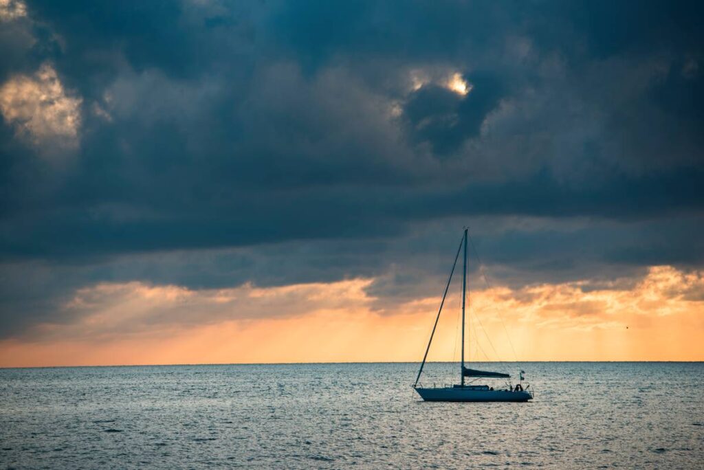 Sailing boat at sunrise, Antibes, Provence-Alpes-Côte d'Azur, South of France, Europe